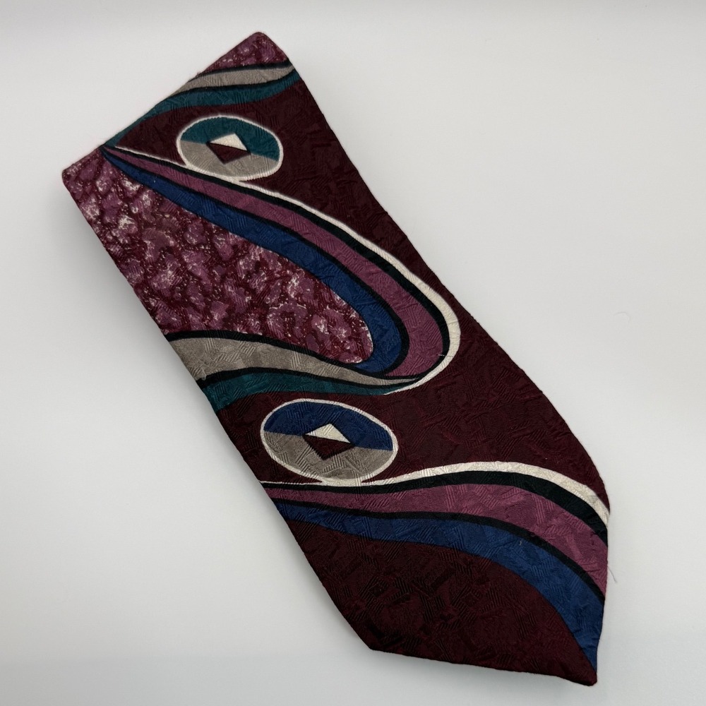 Oscar de la Renta Silk Tie OS Burgundy Abstract Geometric Retro 90s Couture